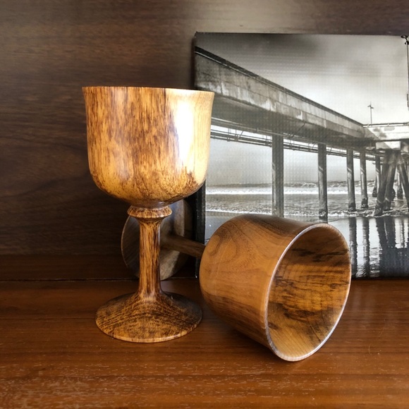 Vintage Acacia Wood Footed Cups Set of 2